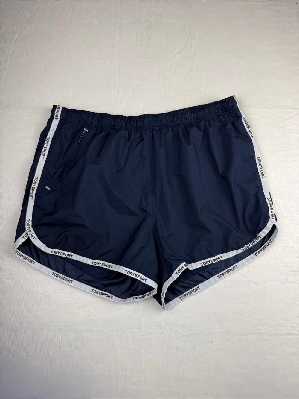 Tory Sport Navy Athletic Elastic Drawstring Waist Shorts White Trim Mesh Size S